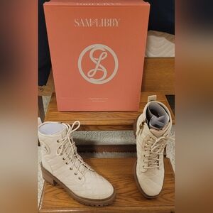 Sam & Libby Cream Quilted Lace-Up Ankle Boots with Lug Sole